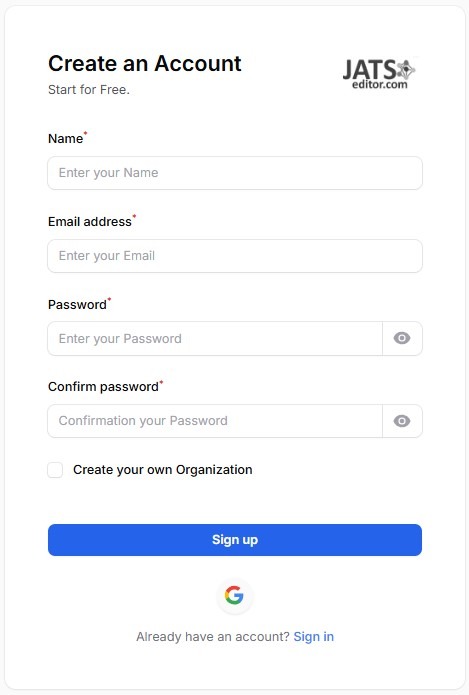 JATSeditor.com account registration form with input fields and a sign-up button.