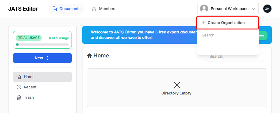 create organization with JATS Editor main page.