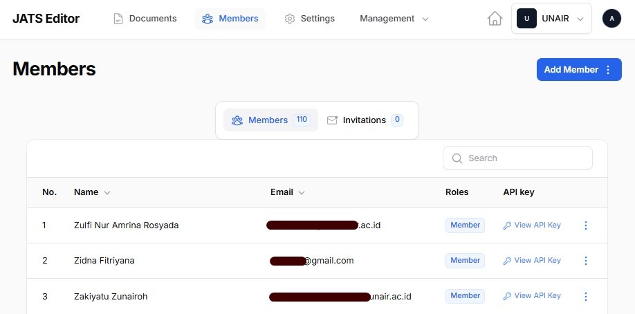 example of an organization in JATS Editor that contains several member editors.