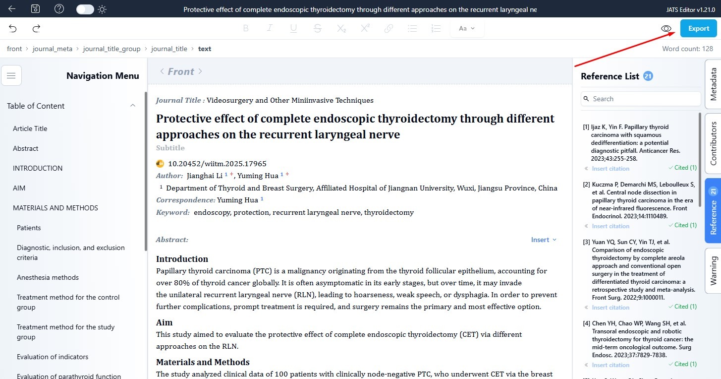 Export JATS XML for PubMed and EBSCO